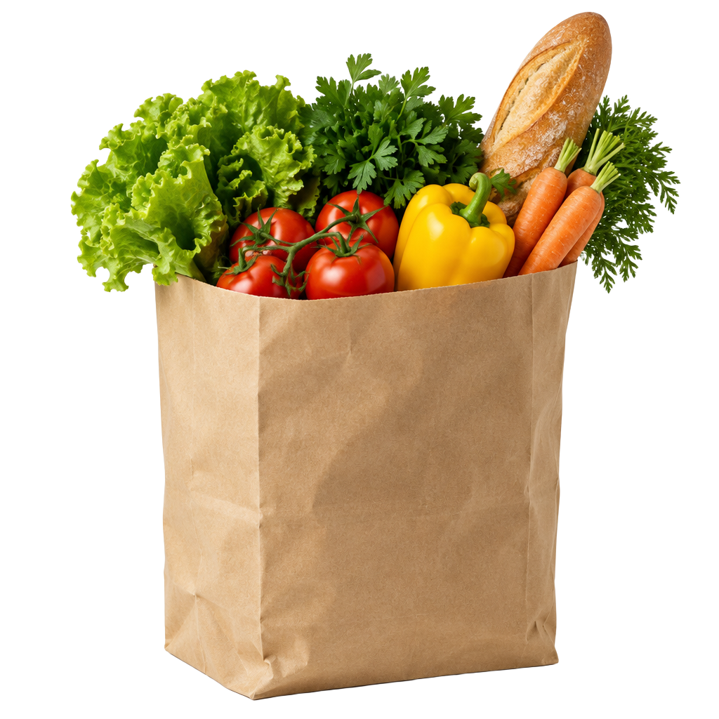 Paper grocery bag full of fresh produce and bread